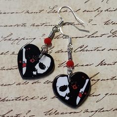 "Acrylic Michael Myers Halloween Heart Horror Dangle Earrings with Red Faceted Glass Bead. Dangle approx 2\".  Hypo-allergenic sterling silver ear wires." Nickel-free Red Themed Jewelry, Nickel-free Themed Red Jewelry, Themed Red Nickel-free Jewelry, Emo Heart-shaped Jewelry For Valentine's Day, Themed Red Earrings, Red Novelty Jewelry For Halloween, Nickel-free Emo Earrings For Gift, Nickel-free Emo Style Jewelry Gift, Nickel Free Emo Jewelry Gift