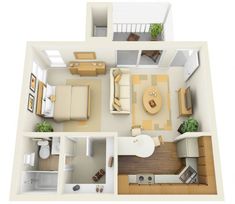 an overhead view of a two bedroom apartment