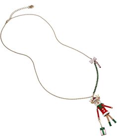 From Betsey Johnson&#x2C; this necklace features:Short pendant necklaceMetal/glass/plastic pearl/plasticLobster clasp closure  Featuring vibrant green rhinestone chain and festive Christmas reindeer pendant dressed in whimsical ensembleAdorned with peppermint candy cane and wrapped present charmsApprox. 28 "L; 3" extenderImported. Short Pendant Necklace, Peppermint Candy Cane, Rhinestone Chain, Peppermint Candy, Jingle Bell, Vibrant Green, Jingle Bells, Dillard's, Christmas Reindeer