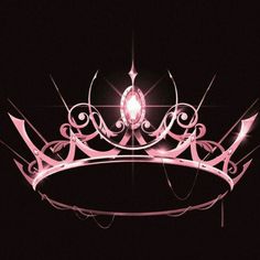 a pink tiara hanging from the ceiling in front of a black background with light shining on it