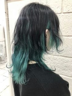 Green Hair With Black Tips, Black Hair With Teal Underneath, Blue Under Layer Hair, Teal Wolfcut, Teal Ends Hair, Teal Hair Tips, End Of Hair Dyed, Teal Dyed Hair, Blue Hair Ends