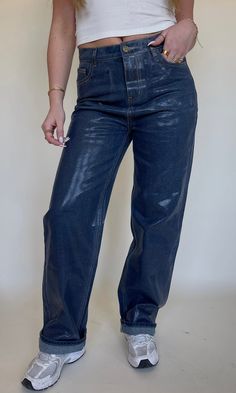 FINAL SALE, NO RETURNS OBSESSING over this wet denim look - a good way to add a subtle statement to your jean collection. Baggy dark denim with a shine overlay. Model is 5'6" with a 32DD bust, 27" waist, 36" hips, and wearing a medium. Model usually wears size 2/4. This item runs true to size! Trendy Denim Blue Jeans For Night Out, Casual Party Jeans In Denim Blue, Casual Denim Blue Jeans For Party, Straight Leg Jeans For Night Out In Denim Blue, Dark Wash Bottoms For Night Out In Spring, Dark Wash Denim Bottoms For Night Out, Chic Denim Blue Jeans For Party, Dark Wash High Waist Jeans For Night Out, Straight Leg Denim Blue Jeans For Night Out