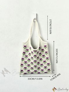 Bird in Bag - Purple Flower Pattern Crochet Tote Bag - Fashionable and Suitable for Beach and Shopping. Flower Pattern Crochet, Minimalist Pattern, Crochet Tote Bag, Crochet Tote, Purple Bags, Purple Flower, Style Minimalist, Shoulder Tote Bag, Bird In Bag