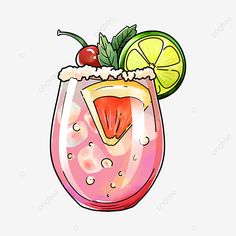 a pink drink with lime and cherries in it, on a transparent background png