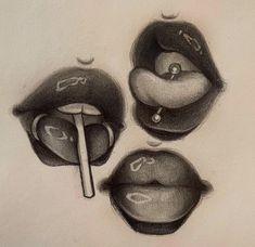 pencil drawing of lips and mouth shapes with an object sticking out of the middle one