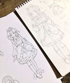 two sketches of anime characters on paper next to each other with pencils in front of them