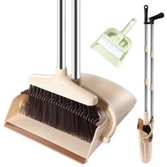 a broom, dustpan and cleaning brush are shown in this image with other items