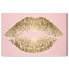 a pink background with gold foil on it and a golden lipstick print in the middle