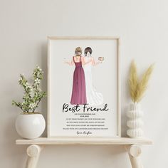 two women in dresses standing next to each other with their arms around each other and the words best friend