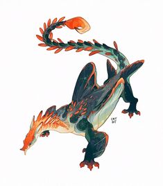 a drawing of a lizard with orange and black stripes on it's back legs