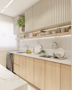 the kitchen is clean and ready to be used for cooking or baking, as well as dishes on the counter