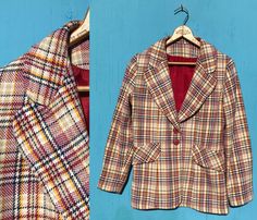 "1970s Plaid Blazer with Wide Rounded Lapels  Fully lined blazer has wonderfully wide lapels and faux flap pockets. Two button closure. CONDITION:  Good condition, shows wear NOTE that there is a mend at the back shoulder, as shown in the photos. FABRIC: Not marked, feels like a wool blend, a little scratchy. Lining looks like acetate. LABEL: None SIZE: Not marked, ALWAYS CHECK YOUR MEASUREMENTS! MEASUREMENTS: Underarm to underarm, across the front: 20\" Bust: 36\" Waist: 34\" Hips: 38\" Length: Retro Notch Lapel Blazer For Fall, Retro Single-breasted Fall Blazer, Retro Single-breasted Blazer For Fall, Vintage Double-breasted Blazer, Retro Blazer With Lapel Collar And Pockets, Retro Blazer With Pockets, Vintage Collared Blazer For Fall, Retro Fall Blazer With Pockets, Vintage Red Blazer For Workwear