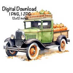 an old pick up truck with pumpkins on the back