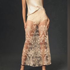 Nude (Slight Pinkish-Tone) Lace Skirt With Attached Bodysuit Bottoms And Elastic Waist. Nwt, Never Worn. Anthropologie Embroidered Lace Skirt, White Lace Skirt Outfit, Long White Lace Skirt, Carrie Bradshaw Style, Jacquard Midi Skirt, Lace Maxi Skirt, Satin Slip Skirt, White Lace Skirt, Maxi Lace Skirt