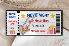 Movie Night Invitation Template - Invitations - Mama Life Printables Movie Date, Movie Ticket Template, Movie Night Tickets, Movie Ticket Invitations, Movie Night Invitations, Movie Invitation, Movie Themed Party, Movie Tickets, Ticket Template