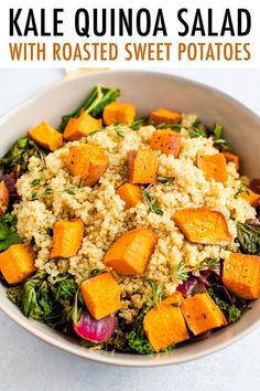 kale quinoa salad with roasted sweet potatoes and carrots in a white bowl