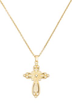 Pave Floral Cross Pendant Necklace. Women. 14K gold plated. Size: Approximate Length: 16+2 inches Gold-tone 16 Inch Gold Plated Jewelry, Gold Necklace For Wedding, 16 Inch Length, Gold-toned 16 Inch Gold Plated Jewelry, Wedding Clavicle Chain Necklace With Cross Pendant, Gold-tone Cross-shaped Gold Plated Jewelry, Gold-tone Cross Pendant Jewelry Gift, Elegant Cross Chain Necklace With Adjustable Chain, Gold-tone Cross-shaped Gold-plated Jewelry, Gold-tone Cross Shaped Gold Plated Jewelry