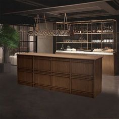 This bar counter features a minimalist design that perfectly showcases the beauty of simplicity, making it suitable for various modern and stylish spaces. Its sleek and elegant appearance offers both aesthetic appeal and functionality, providing a chic yet understated decor for your environment. The interior is thoughtfully designed with dedicated storage for wine bottles and a hanging rack for wine glasses, making it convenient for storing and displaying wine while saving space. The structure o Desk Vintage, Service Desk, Desk Wood, Countertop Design, Hanging Rack, Hanging Racks, Vintage Desk, Bar Counter, Wood Desk