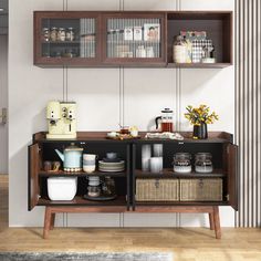 a kitchen with wooden shelves and baskets on the wall