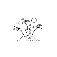 a black and white drawing of two palm trees on an island with the sun in the background