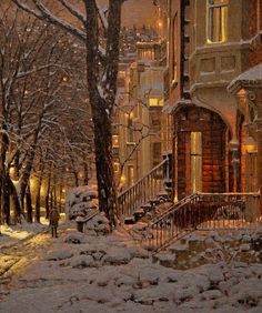 a painting of a snowy city street at night