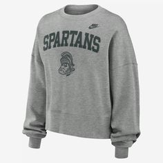 The Legacy Classic Arch Crew is made with dropped shoulder seams that help create an oversized look and brushed French terry lining for a warm, comfortable outer layer. Its cross-dyed pattern accentuates the Michigan State Spartans details. Nike Oversized Sweater With Ribbed Cuffs, Oversized Nike Sweater With Ribbed Cuffs, Oversized Nike Sweater For Fall, Nike Sweater With Ribbed Cuffs, Oversized Nike Sweater For Winter, Gray Sweatshirt For Fall Layering, Gray Fall Sweater For College, Gray Fall Layering Sweatshirt, Nike Collegiate Tops For Fall