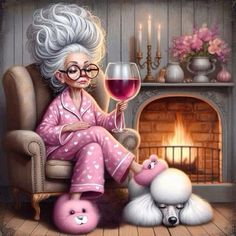 an old woman sitting in a chair next to a dog with a glass of wine