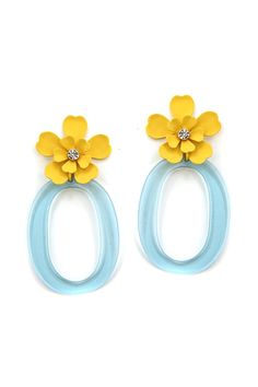 - Statement Earrings - Floral Design - Yellow - Blue Lucite Hoop Detail - Crystal Accent - L: 2.5" - Post Back - Lead & Nickel Compliant Trendy Blue Hoop Earrings For Spring, Blue Hoop Earrings For Spring Gift, Blue Hoop Earrings For Spring, Build Me Up Buttercup, Pink Statement Earrings, Lily Jewelry, Silver Bead Earrings, Flower Hoop Earrings, Floral Studs