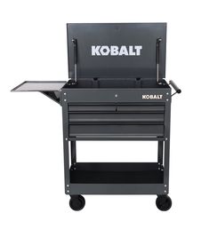 the kobalt tool cart is on wheels and has an open drawer for tools