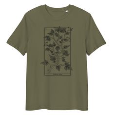 ✴ Hedera Helix ✴ T-Shirt 100% Organic Cotton A soft 100% organic cotton tee with high quality print of my signature ivy illustration "Hedera Helix". Check the size chart in the last picture to choose the perfect size for you! 🔸Attention!🔸 These t-shirts were originally available in two print styles: big or small, as you can see in the photos and graphics. However, I decided to upgrade the quality of the small print (it was too faded) so I'm currently waiting for the restock. The full print sty Vintage T Shirt Aesthetic, Plant Tshirts, Plain T Shirts, Green Clothes Aesthetic, Green Graphic Tee, Greek Shirts, Nature Shirts, Green Tshirt, Green Shirt