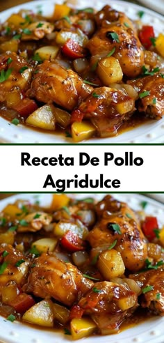 two plates with food on them and the words receta de polo agridce