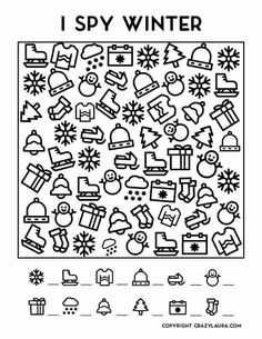 i spy winter coloring page with black and white images on the bottom right hand corner