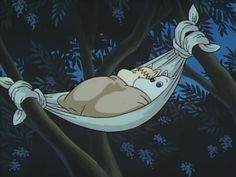 a cartoon character is laying in a hammock