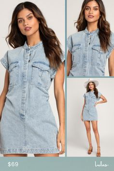 Look cute and casual wherever you go with the Lulus On this Sweet Day Light Wash Denim Button-Front Mini Dress! Sturdy cotton denim fabric shapes a high neckline and short dolman sleeves. A button-front silhouette, with two front flap pockets and ruching at the sides, stops a flirty mini hem. Pair with anything from sneakers to strappy sandals for a sweet OOTD! Fit: This garment fits true to size. Length: Mid-thigh. Size medium measures 32" from shoulder to hem. Bust: Great for any cup size. Wai Trendy Short Sleeve Denim Dress With Pockets, Spring Short Sleeve Denim Top With Buttons, Short Sleeve Denim Dress With Pockets For Day Out, Denim Blue Cotton Dresses With Buttoned Pockets, Trendy Button-up Denim Dress With Buttoned Pockets, Trendy Relaxed-fit Denim Dress With Buttons, Trendy Relaxed Fit Denim Dress With Buttons, Short Sleeve Cotton Denim Dress With Pockets, Summer Cotton Denim Dress With Buttoned Pockets