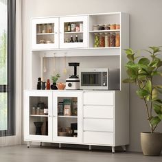 PRICES MAY VARY. Large Storage Space - This ECACAD white kitchen pantry with 4 glass doors will be shipped in 2 packages, the top hutch part contains 2-tier open shelves and 2-tier shelves behind the doors, and 3 hooks for hanging towels or spatula; the bottom cabinet part contains 2-tier shelves and 4 drawers, the cabinet top is perfect for microwave and daily essentials Durable Materials - ECACAD sideboard buffet cabinet with hutch is made of MDF boards, glass doors and metal legs, it has larg Freestanding Kitchen Pantry, White Kitchen Pantry, Luxury Kitchen Cabinets, Modern Sideboard Buffet, Pantry Storage Cabinet, Dining Cabinet, Kitchen Pantry Storage, Cabinet Wood, Freestanding Kitchen