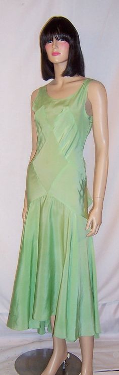 1930's Bias-Cut Pastel Green Silk Crepe Sleeveless by PatriciaJon Green Bias Cut Slip Dress For Evening, Green Evening Dress With Bias Cut, Green Bias-cut Slip Dress For Wedding, Green Floor-length Slip Dress With Bias Cut, Vintage Sleeveless Summer Evening Dress, Green Bias Cut Evening Dress, Green Silk Slip Dress For Wedding, Summer Pre-draped Bias Cut Evening Dress, Green Sleeveless Slip Dress For Wedding