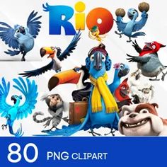 an image of cartoon birds with the words rio on it's front and back