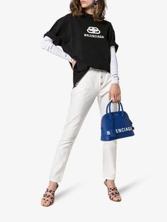 logo print oversized cotton T-shirt Fur Lined Denim Jacket, Glitter Clutch Bag, Elegant White Dress, Black And White Logos, Balenciaga Women, Lined Denim Jacket, Logo Scarves, Printed Silk Shirt, Balenciaga Logo