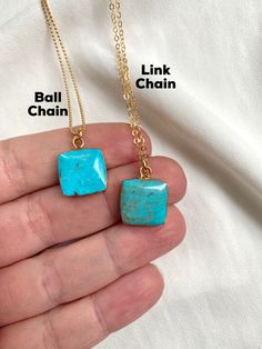 Raw Square Turquoise Pendant Necklace {Restocked! Please look through all the pictures for stone options} Turquoise never goes out of style and these Square Turquoise Pendant Necklaces are a great way to add a pop of color to any outfit. Features raw Turquoise, square cut, with a rounded edge, framed in gold electroplating. Hangs on your choice of chain. Choose your exact stone for your necklace. Use the zoom feature on the pictures for the best idea of stone features. Great, freeform and rough Handmade Turquoise Necklace With Square Pendant, Turquoise Square Pendant Necklace For Jewelry Making, Turquoise Square Pendant Necklace As Gift, Turquoise Gemstone Square Pendant Jewelry, Turquoise Gemstone Square Pendant Necklace, Turquoise Gemstone Necklace With Square Pendant, Turquoise Necklace With Square Pendant As Gift, Turquoise Rectangular Pendant Necklace With Gemstone, Blue Turquoise Necklace With Adjustable Chain For Gift