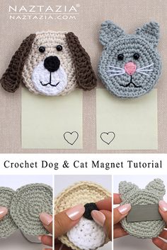 crochet dog and cat magnets are shown in four different pictures, each with a