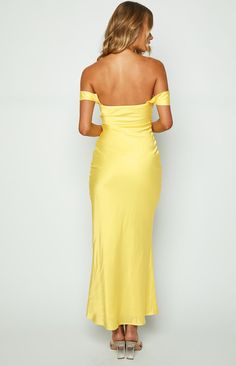 Light Yellow Off Shoulder Formal Dress

How to style:
This maxi dress () screams GLAM in the best way possible! Slip on this stunning number for your next formal () event and be sure to add dainty jewellery () and heels () to complete your look.

Features:
  
 * Light weight satin material 
 * Maxi length 
 * Slight stretch 
 * Bias cut 
 * Off the shoulder style 
 * Fully lined 
 * Invisible zip on left side 
 * Grip on inner bust  

This is the perfect formal dress for your next event! Yellow Off-shoulder Maxi Dress For Party, Fitted Yellow Evening Dress For Bridesmaid, Elegant Yellow Maxi Dress For Prom Season, Fitted Yellow Bridesmaid Evening Dress, Yellow Fitted Satin Gown, Yellow Satin Party Gown, Yellow Satin Gown For Party, Yellow Floor-length Maxi Dress For Prom, Yellow Fitted Maxi Dress For Prom