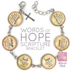 a bracelet with words on it and a cross in the middle that says words of hope