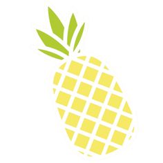 a yellow pineapple sticker with green leaves on the top and bottom, against a white background