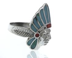 Turquoise and Coral inlaid in a sterling silver setting chief head. Material: .925 Silver, Turquoise, Coral Southwestern Polished Turquoise Ring Collectible, Traditional Turquoise Inlay Ring, Traditional Silver Turquoise Ring With Inlay, Color Turquesa, Turquoise And Coral, Head Ring, Stunning Jewellery, Silver Turquoise, 925 Silver