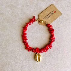 Bamboo Red Coral Bracelet with hypoallergenic gold stainless steel magnet closure and gold stainless steel shell charm Bamboo Coral, Steel Gifts, Coral Bracelet, Coral And Gold, Red Coral, Charm Bracelets, Favorite Jewelry, Jewelry Bracelets, Shells