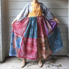 Handmade Earthy Bandana Dress/Blue Orange/SKU 11029 Size: OS. Approximate measurements laying flat: Pit to pit: 18.5". Pit to hem: 42.5". Shoulder to hem: 52". Waist: 18". Seen on 5'5" tall. In excellent condition. See pictures for full details. Multicolor Cotton Dress With Relaxed Fit, Multicolor Relaxed Fit Cotton Dress, Multicolor Paisley Print Maxi Dress For Festival, Multicolor Paisley Print Festival Maxi Dress, Festival Multicolor Paisley Print Maxi Dress, Multicolor Paisley Print Dress For Festival, Long Cotton Patchwork Dress, Multicolor Cotton Dress With Paisley Print, Bandana Dress