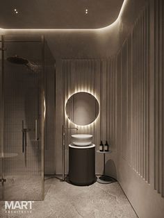 a bathroom with a sink, mirror and stand up shower in black and white colors