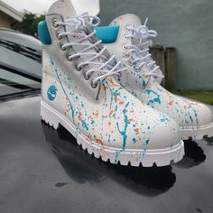 Timberland Boots Custom Made Men's Waterproofs Turquoise and White - Etsy Custom Timberland Boots, Anthony Johnson, Timberland Waterproof Boots, White Fashion Casual, Boots Waterproof, Sneakers Athletic, Handmade Brand, Orlando Fl, Timberland Boots