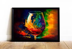 a painting of a wine glass on a wooden floor