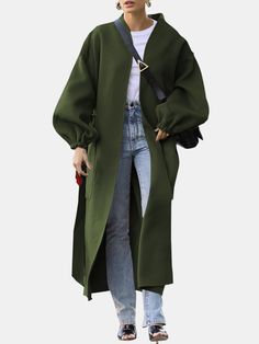 Solid Color Pockets Waistband Puff Sleeves Casual Coats for Women Fall Workwear Outerwear With Puff Sleeves, Fall Workwear Puff Sleeve Outerwear, Trendy Puff Sleeve Outerwear For Fall, Trendy Puff Sleeve Fall Outerwear, Trendy Puff Sleeve Outerwear For Spring, Casual Puff Sleeve Outerwear For Spring, Casual Coats For Women, Faux Fur Hooded Coat, Faux Fur Coats